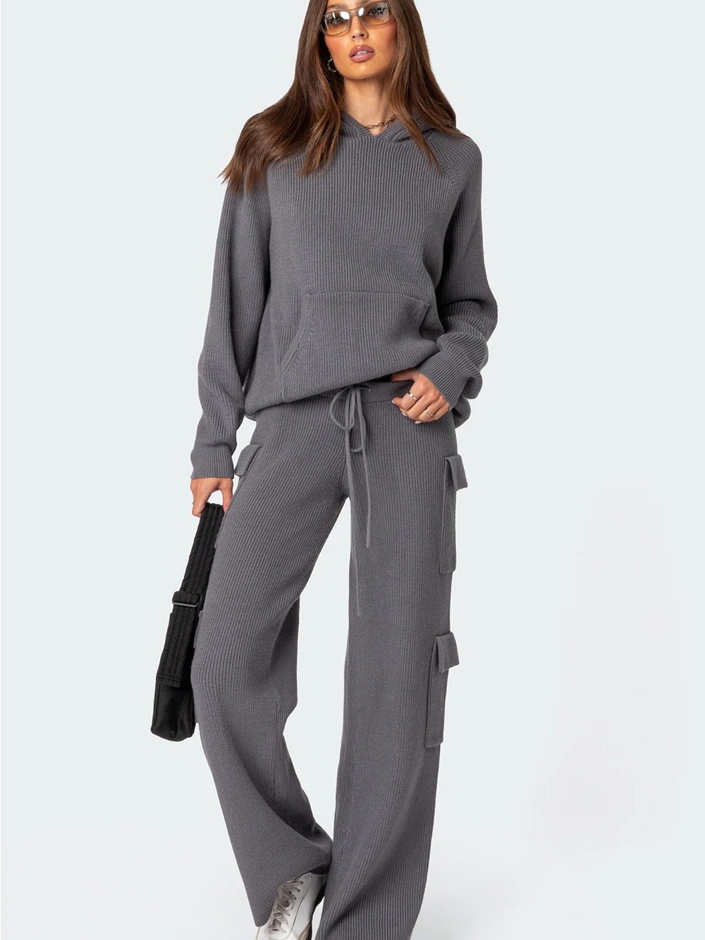 Cozy Knit Cargo Wide-Leg Pants and Sweatshirt Set- Gray/Blue